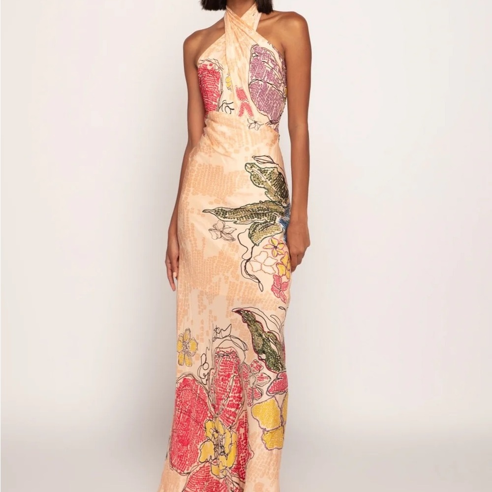 Pink and Orange Halter Maxi Gown for Wedding Guests